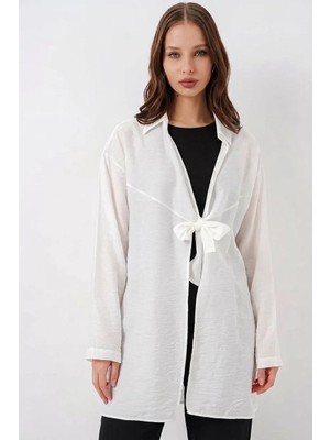 Kadın Gömlek Yaka Bağcıklı Viskon Beyaz Kimono