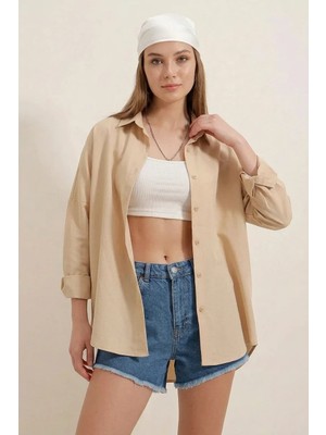 Kadın Oversize Kesim Basic Pamuklu Bej Gömlek
