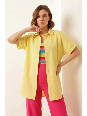 Kadın Kısa Kol Oversize Pamuklu Sarı Gömlek