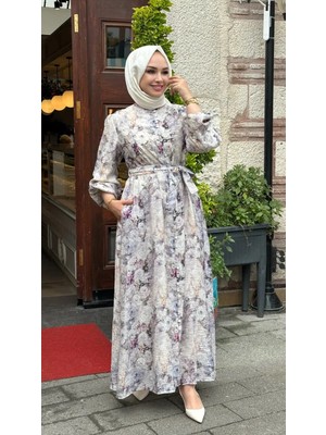 Nihle Çiçek Desenli Tencel Elbise - Lila