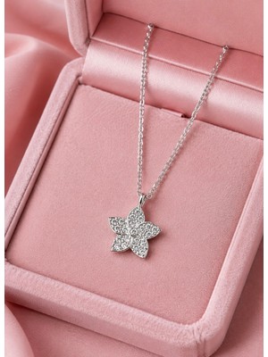 Silvari Silver Çiçek Beyaz Taşlı Tasarım 925 Ayar Gümüş Kolye