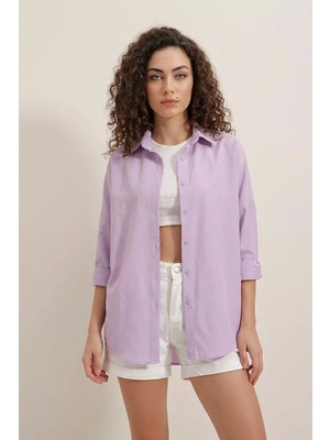 Kadın Oversize Basic Pamuklu Lila Gömlek