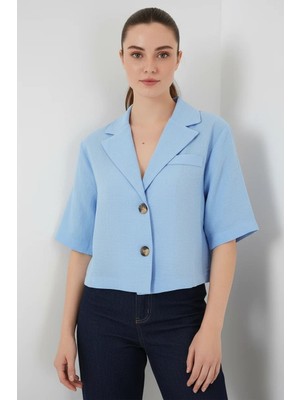 Kadın Klasik Yaka Kısa Kol Keten Mavi Ceket