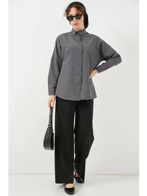Kadın Oversize Basic Pamuklu Gri Tesettür Gömlek