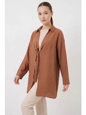 Kadın Gömlek Yaka Kuşaklı Bağcıklı Viskon Taba Kimono