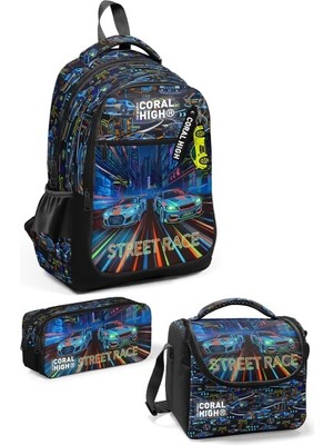 Coral High Kids Renkli Yarış Arabası Desenli 3’lü Okul Çanta Seti SET0133259