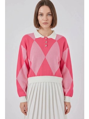 Kadın Gömlek Yaka Crop Baklava Desenli Triko Pembe Kazak