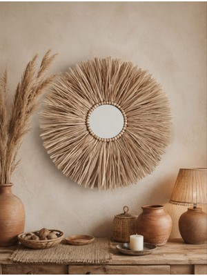 Furestan Home & Living El Yapımı Bohem Rafya  Duvar Aynası Ahşap Boncuk Detaylı Doğal Ev Dekoru