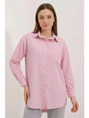 Kadın Oversize Çizgili Pamuklu Pudra Gömlek