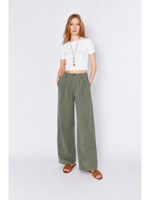 Tena Kadın Haki YP5115 Çift Pileli Bol Paça Tencel Pantolon