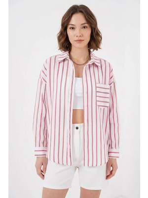 Kadın Oversize Çizgili Pamuklu Kırmızı Gömlek