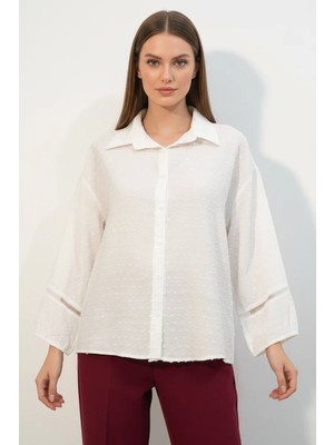 Kadın Dantel Detaylı Kol Oversize Beyaz Gömlek