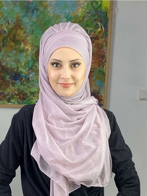Saray Model Açık Lila Simli Yan Drapeli Şal