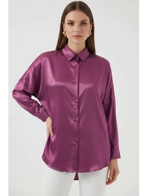Kadın Oversize Kesim Saten Koyu Lila Gömlek