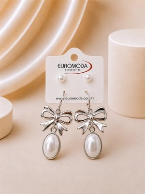 twingold Fiyonk Oval Taş Detaylı Inci Kristal Taşlı 2'li Sallantılı Küpe Seti