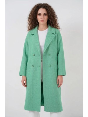 Kadın Geniş Yaka Oversize Balıksırtı Desenli Kaşe Yeşil Kaban
