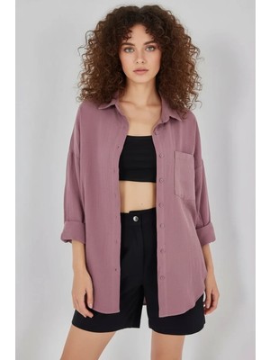 Kadın Tek Cepli Oversize Viskon Koyu Lila Gömlek