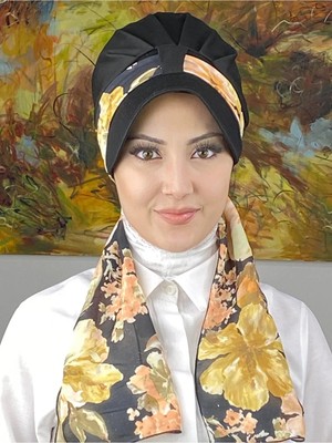Floral Desenli Tek Biritli Fularlı Şapka - Siyah - Butik Ambar