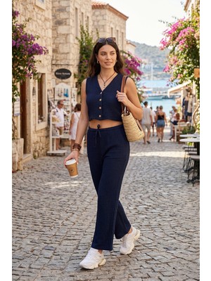 Lela Regular Fit V Yaka Yelek-Pantolon Gofre Takım Bayan Takım 5866484