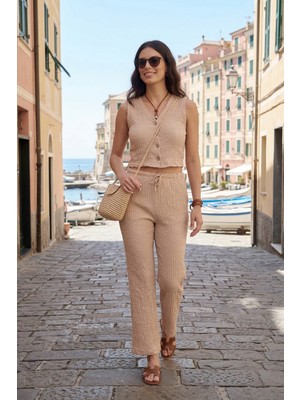 Lela Regular Fit V Yaka Yelek-Pantolon Gofre Takım Bayan Takım 5866484