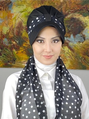 Floral Desenli Tek Biritli Fularlı Şapka - Siyah - Butik Ambar