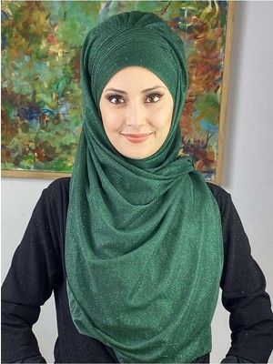 Saray Model Yakut Yeşili Simli Yan Drapeli Şal