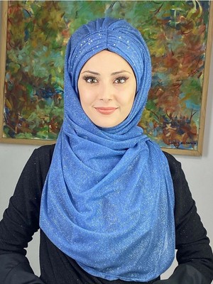 Sultan Model Mavi Simli Şifon Büzgülü Şal