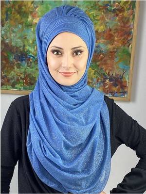 Saray Model Mavi Simli Yan Drapeli Şal