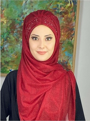 Sultan Model Kırmızı Simli Şifon Büzgülü Şal