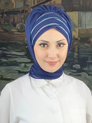 Lüks Topkapı Model Taşlı Simli Kısa Abiye Lacivert Hazır Şal - Lacivert - Butik Ambar