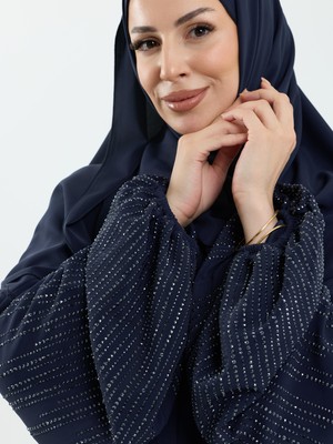 Kadeem Giyim Saye Dubai Şallı Kolu Taşlı Abaya Takımlacivert - 1022
