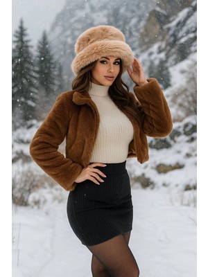 Kadın Klasik Yaka Peluş Pamuklu Camel Şapka
