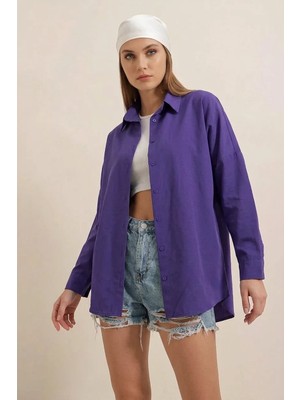Kadın Oversize Basic Pamuklu Mor Gömlek