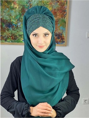 Sultan Model Yakut Yeşili Fransız Şifon Büzgülü Şal