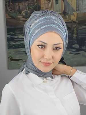 Lüks Topkapı Model Taşlı Simli Kısa Abiye Koyu Gri Hazır Şal- Koyu Gri - Butik Ambar