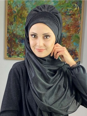 Saray Model Siyah Simli Yan Drapeli Şal