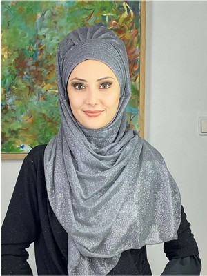 Topkapı Gri Simli Çapraz Drapeli Hazır Şal