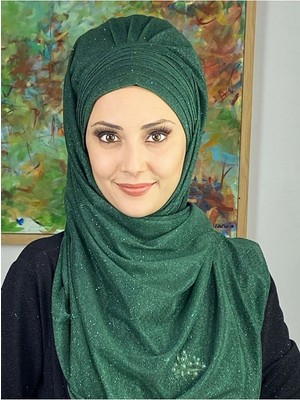 Topkapı Yakut Yeşili Simli Çapraz Drapeli Hazır Şal