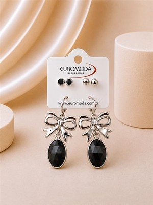 twingold Fiyonk Oval Detaylı Büyük Siyah Kristal Taşlı 3'lü Sallantılı Küpe Seti
