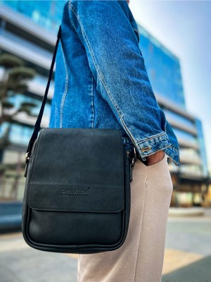 EstoreBox CNT009 - Cilt Deri Erkek Yan Omuz Çantası Siyah