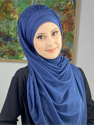 Saray Model Lacivert Simli Yan Drapeli Şal