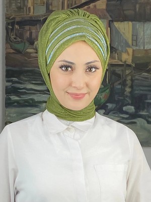 Lüks Topkapı Model Taşlı Simli Kısa Abiye Açık Yağ Yeşili Hazır Şal- Yag Yesili - Butik Ambar