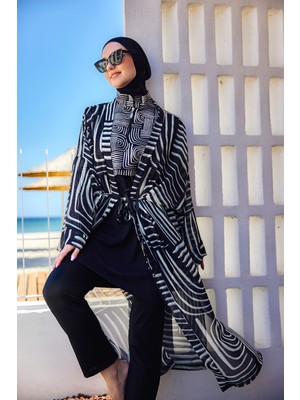 Remsa Labire Desenli Şifon Kimono Pareo RMS-RP032-26 Siyah