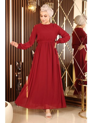 Missvalle Manşeti Lastikli Şifon Abiye Bordo 12003