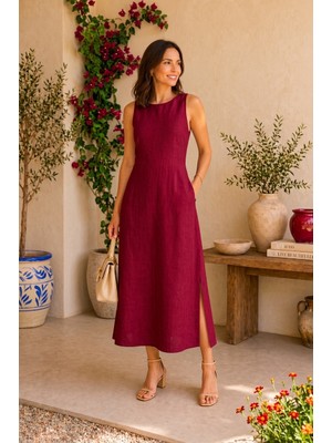 Nake Butik Arkadan Fermuarlı ve Yırtmaçlı Keten Midi Elbise