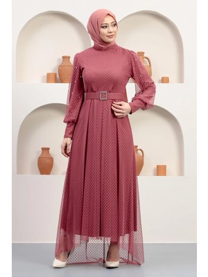 Missvalle Kemeri Taşlı Tül Abiye Gül Kurusu 12242