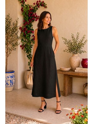 Nake Butik Arkadan Fermuarlı ve Yırtmaçlı Keten Midi Elbise