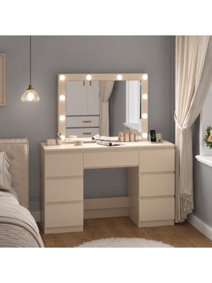 Hernest LED Işıklı Makyaj Masası Aynalı Şifonyer 7 Çekmeceli Modern Vanity Masa 110X40 cm