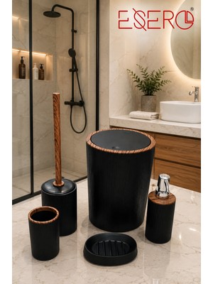 Esero 351 Lüks 5'li Banyo Seti Siyah Ahşap Desenli Çöp Kovası Wc Fırçası Sabunluk Diş Fırçalık Sıvı Sabunluk Modern Banyo Aksesuar Takımı