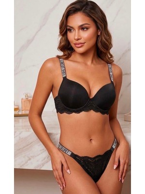 Parcollection Işıltılı Yazılı Askılı Push Up Dantelli Ikili Iç Giyim Seti